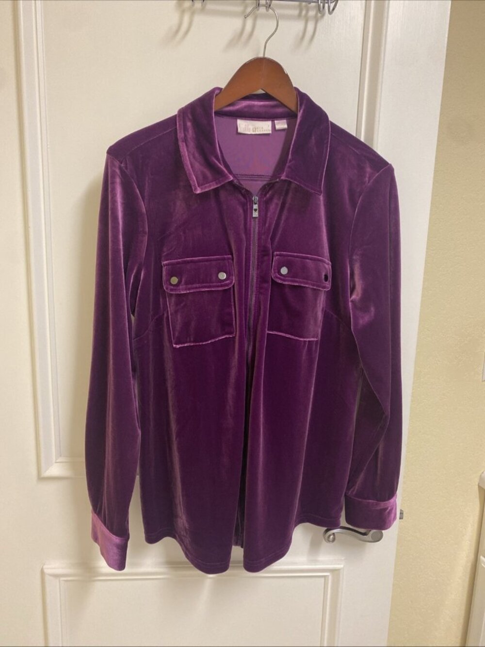 Belle by Kim Gravel Velvet Utility Shirt Zip Front Jacket Bright Plum
